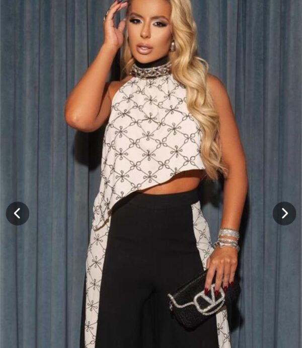 Black wide-leg pants with patterned overlay top