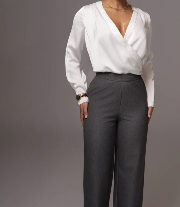 Elegant gray high-waist straight trousers