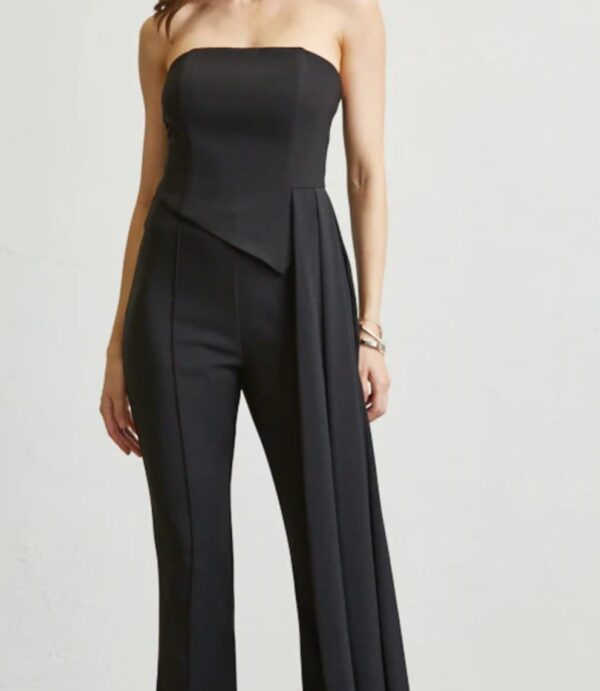 Black strapless jumpsuit with side draped panel