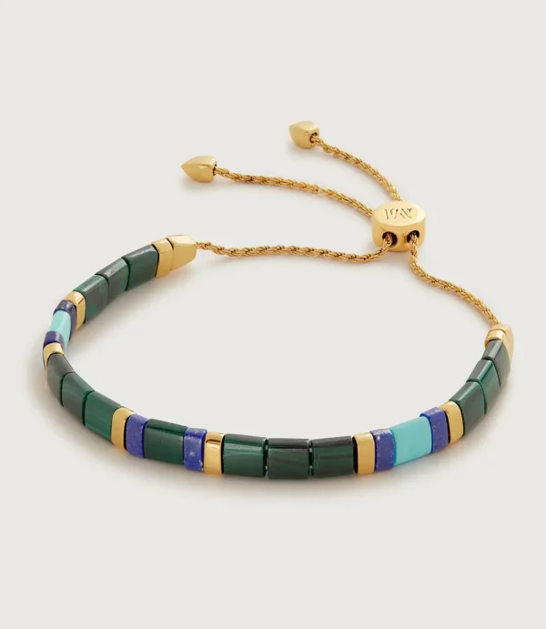 Gold adjustable bracelet with green and blue beads