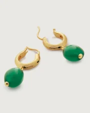 Gold hoop earrings with green stone beads