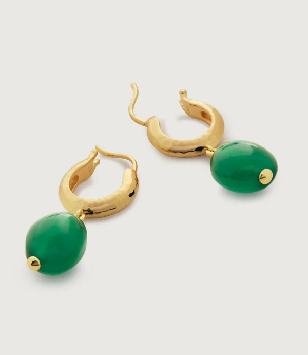 Gold hoop earrings with green stone beads