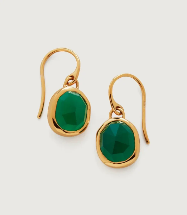 Gold hook earrings with green faceted stones